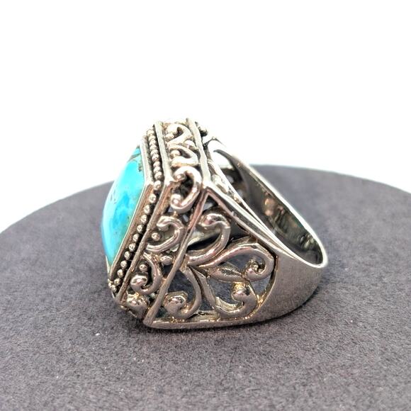 Vintage 925 WK Thailand Sterling Silver & Turquoise Scrollwork Ring-Sz. 8.75 - Picture 2 of 10